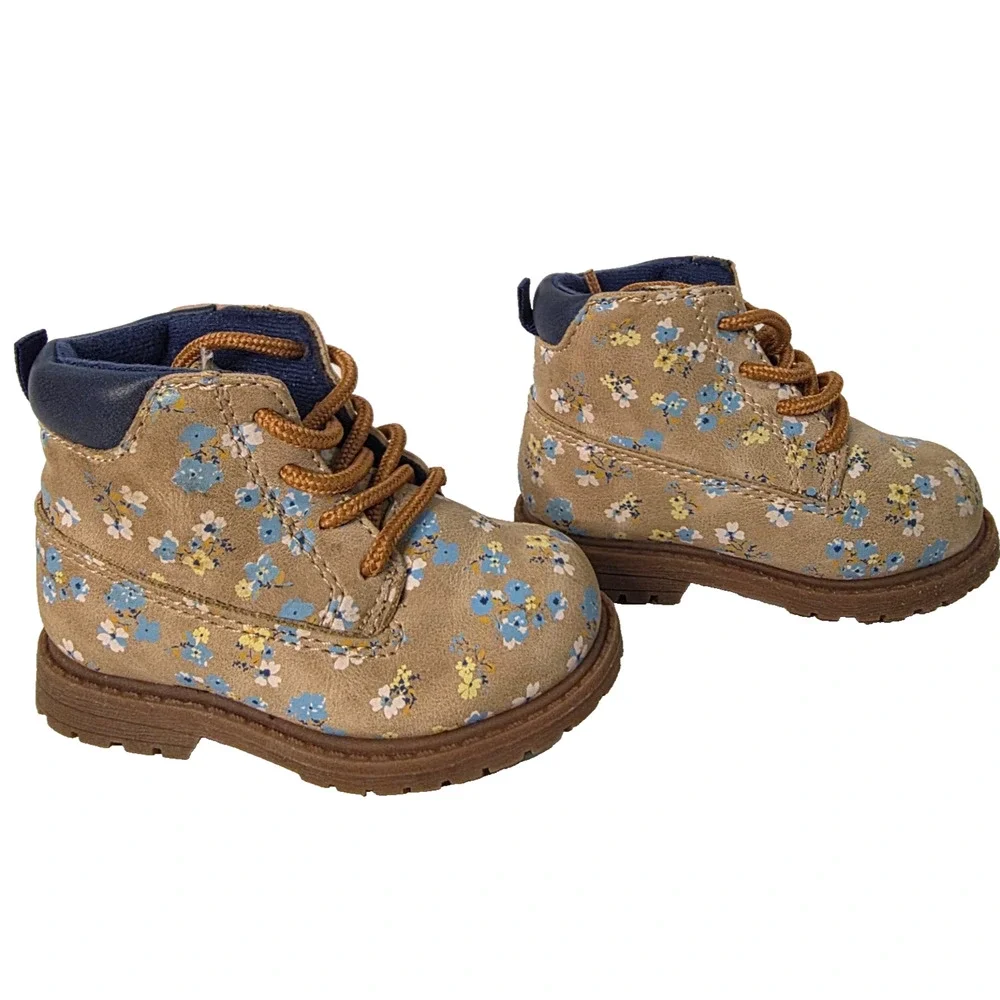 OshKosh B'gosh Toddler Girls 4M Judi Tan Blue Floral Lace Up Ankle Combat Boots
